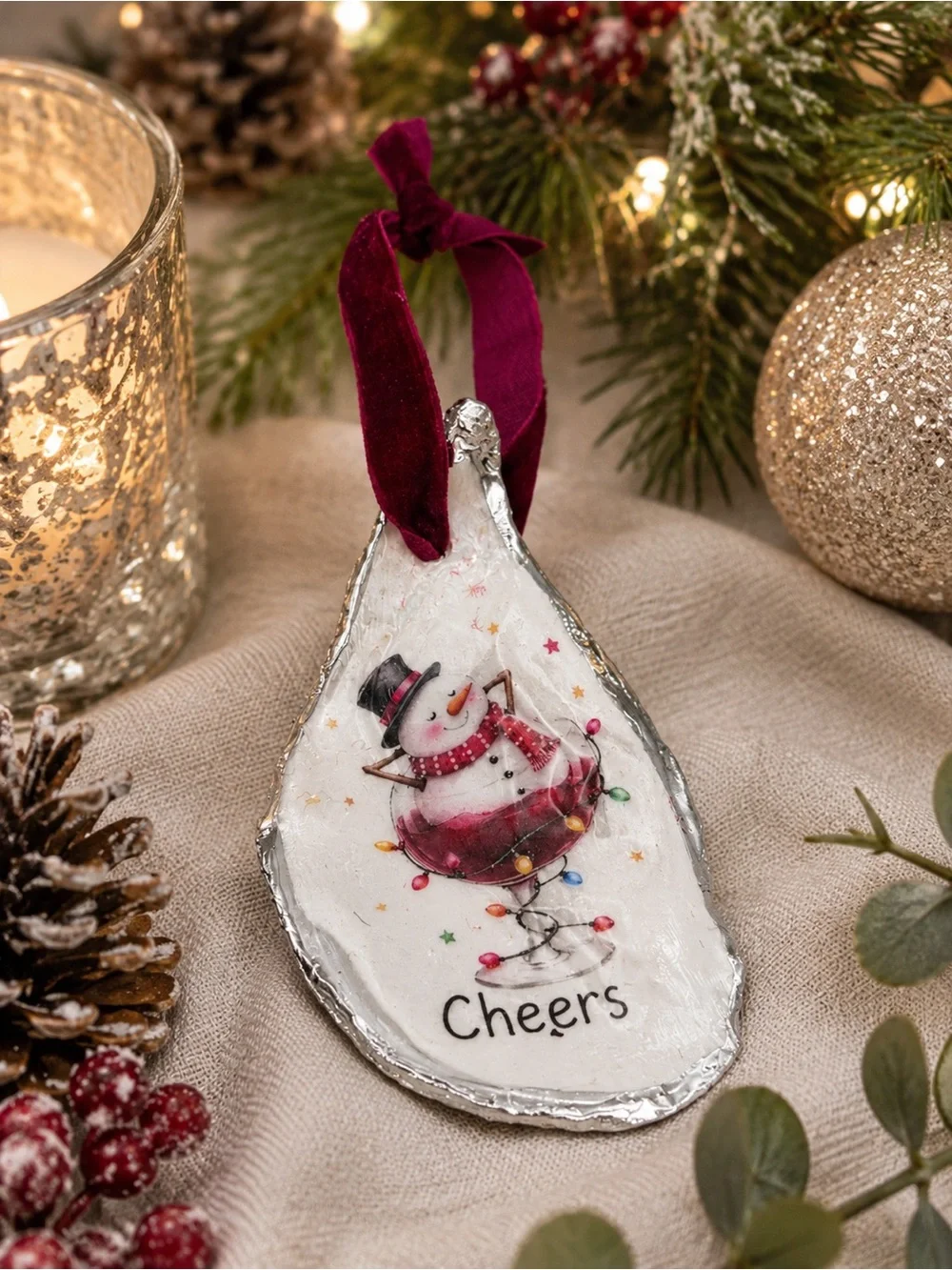 Holiday Cheers Snowman Oyster Ornament with Burgundy Ribbon